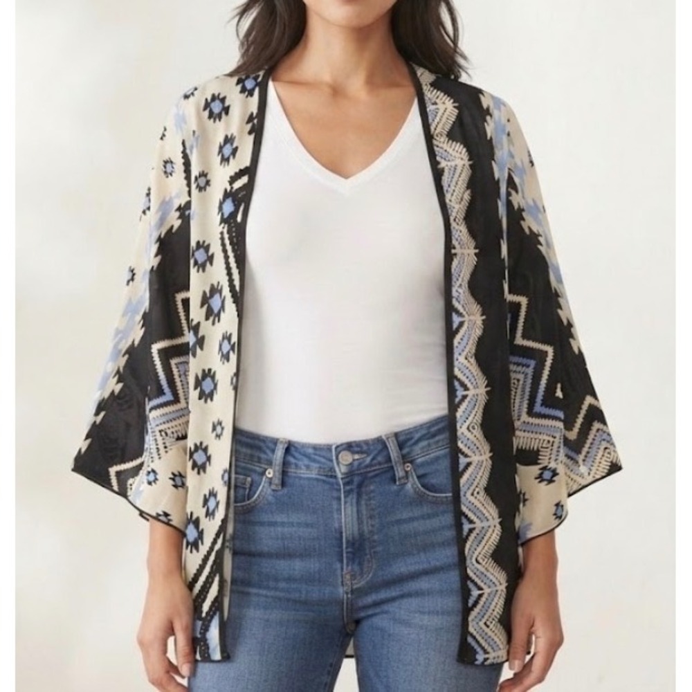 Double Take Women Tribal Geometric Open Front Kimono Cardigan Cream Black Blue M